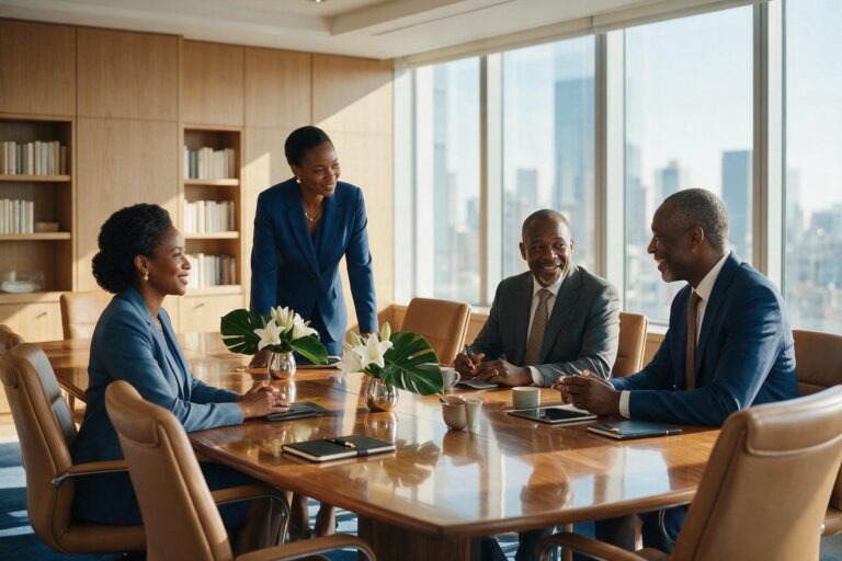 African corporate executives collaborating in a hotel boardroom