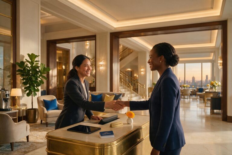 Business traveller welcomed at a premium hotel reception