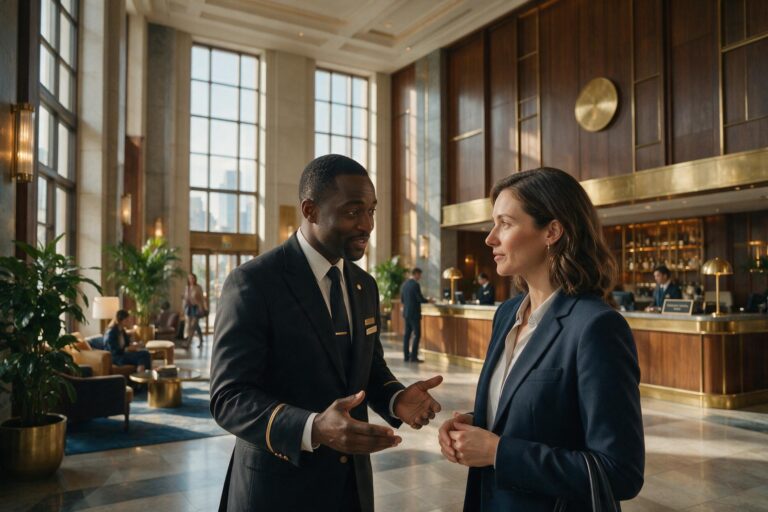 Hotel concierge assisting an executive traveller