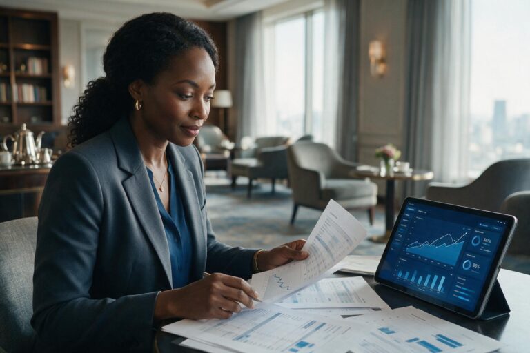 Finance executive reviewing spend reports in a business lounge