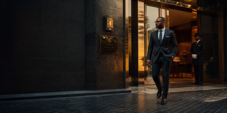 Executive arriving at a premium hotel entrance at golden hour
