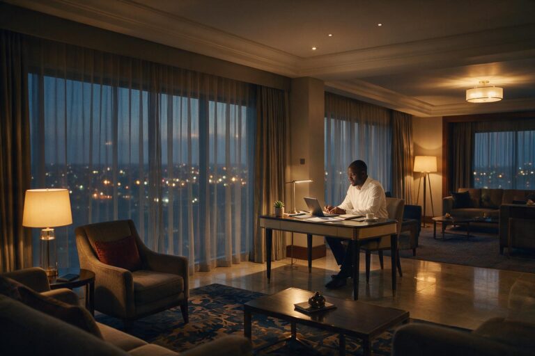 Executive working in a premium hotel suite at dusk